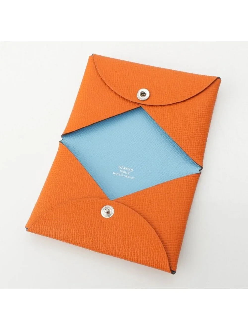 Hermes Calvi Verso Epsom Button Type Card Case Orange Celeste Bicolor